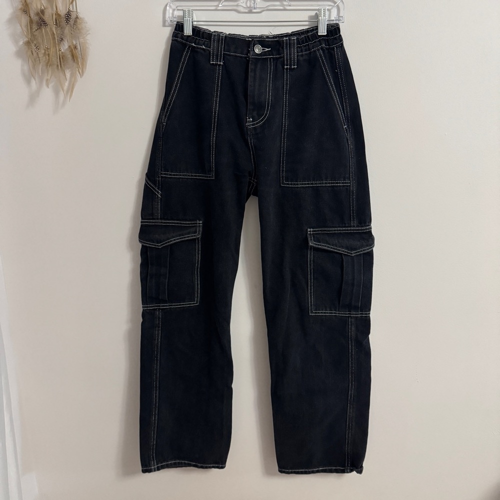 Fashion nova high waisted black cargo carpenter contrast stitching jeans